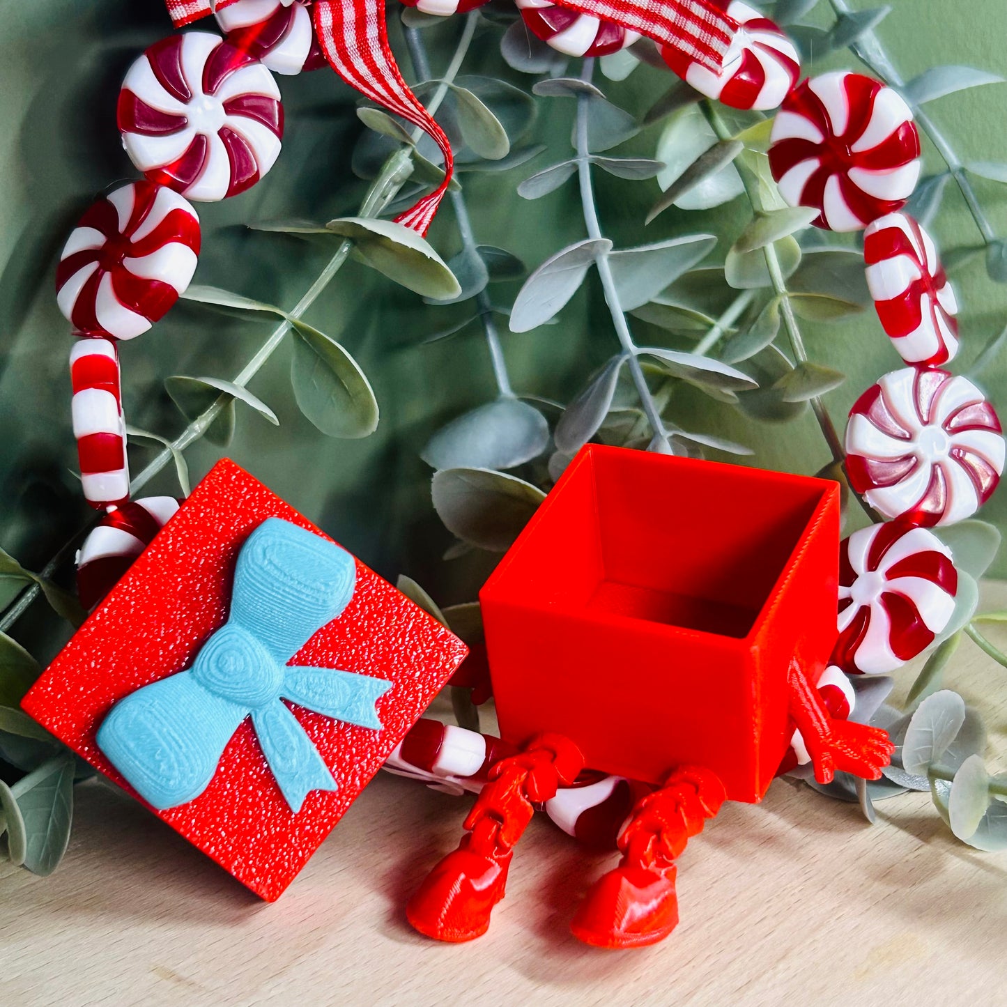 Quirky Gift Box Ornament | Red & Blue 3D Printed | Mini Gift Container with Dangly Legs