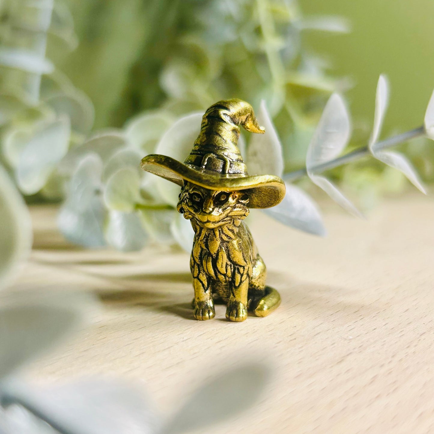 Brass Cat with Witch Hat Ornament | Mini Brass Cat Figurine