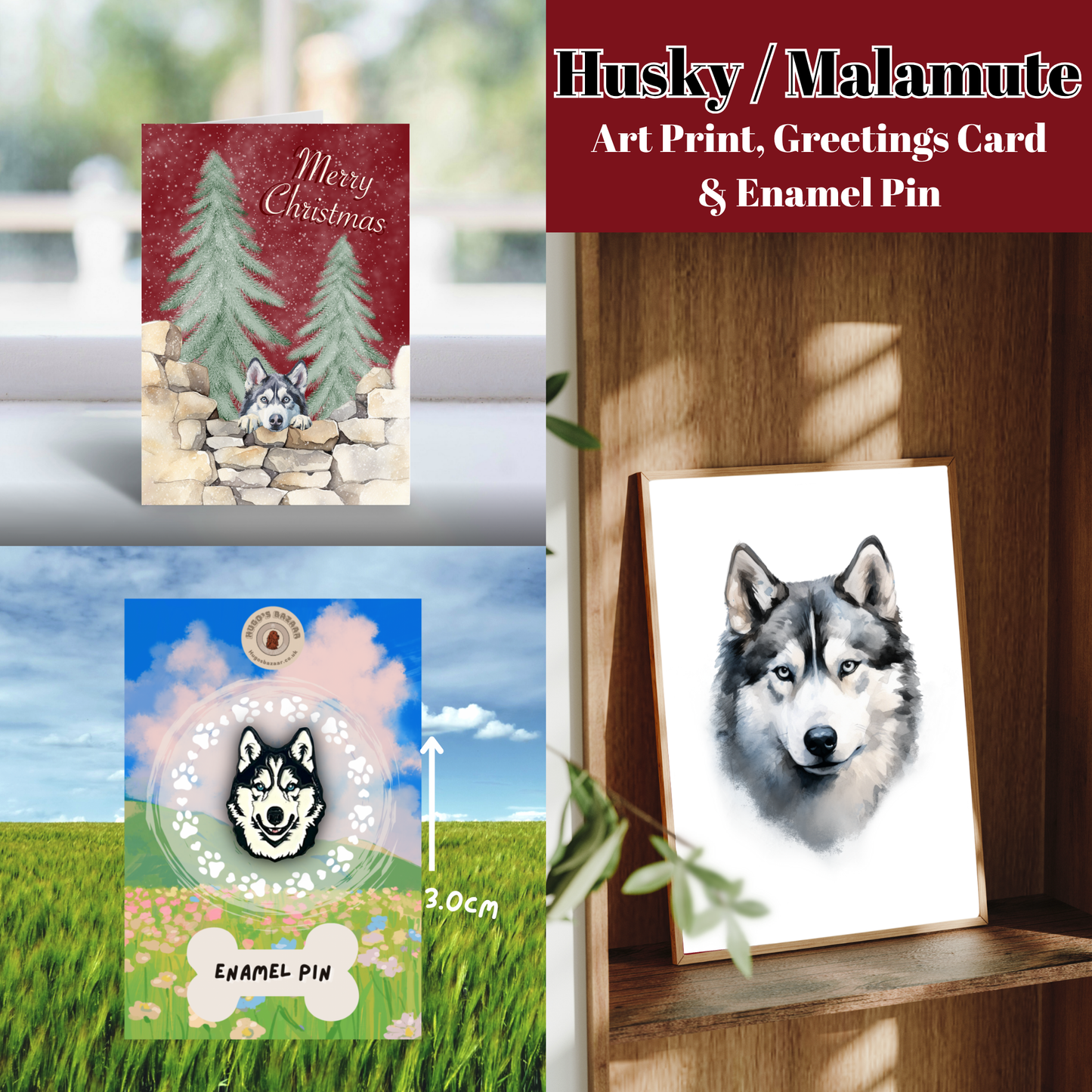 Christmas Dog Lover Gift Set | Art Print, Enamel Pin & Card (Multiple Breeds)