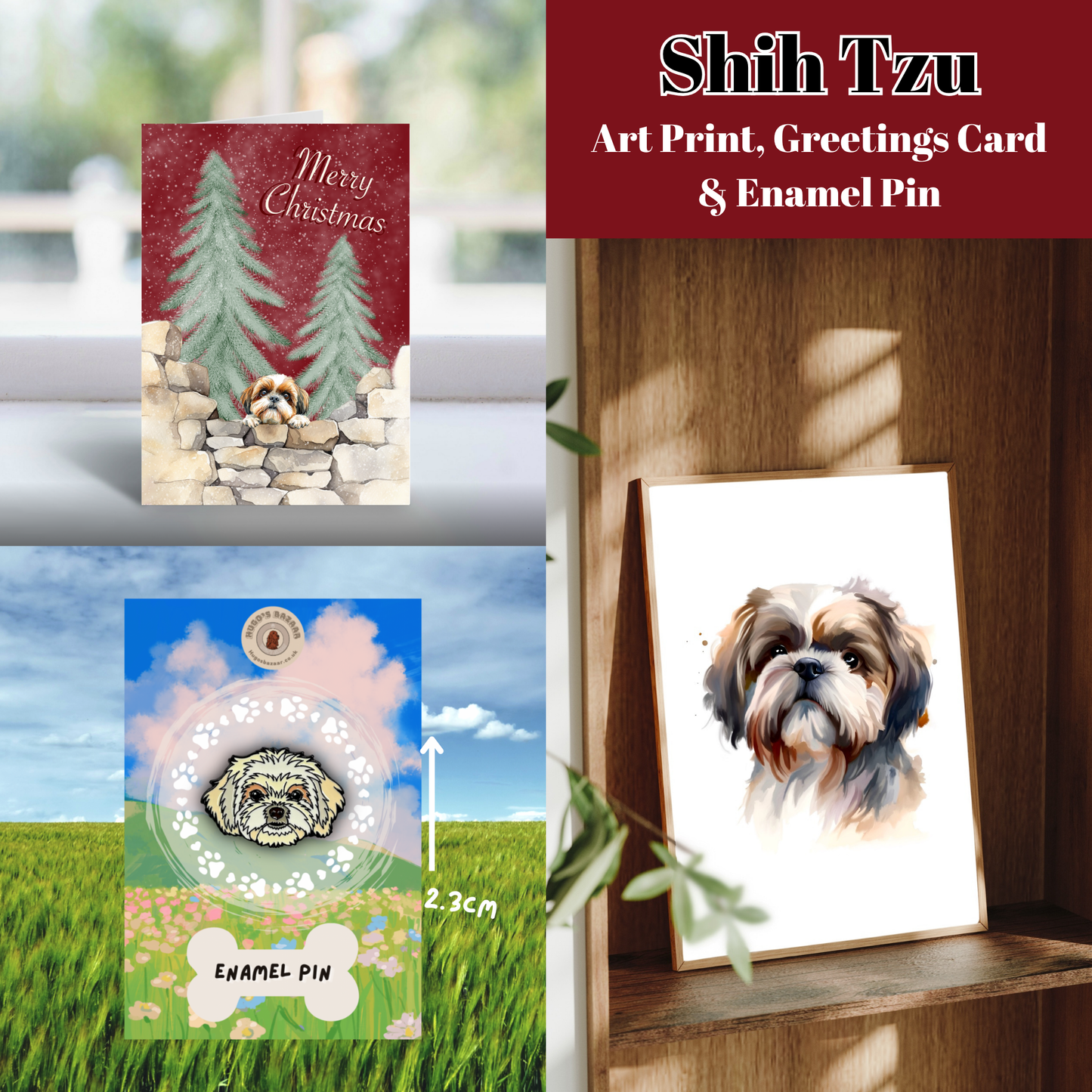 Christmas Dog Lover Gift Set | Art Print, Enamel Pin & Card (Multiple Breeds)