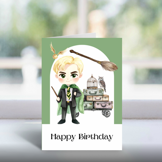 Draco Malfoy & Quidditch Card | Slytherin-Themed Harry Potter Greeting Card