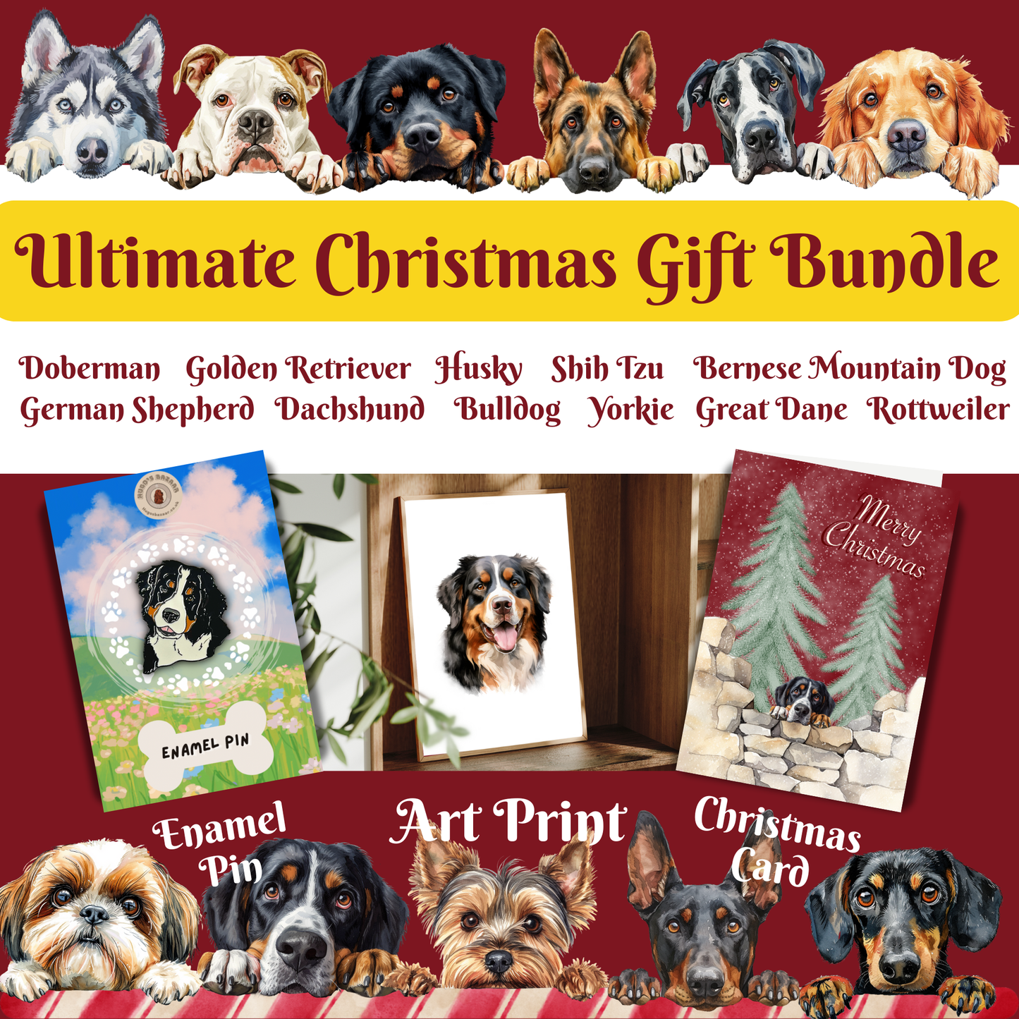 Christmas Dog Lover Gift Set | Art Print, Enamel Pin & Card (Multiple Breeds)