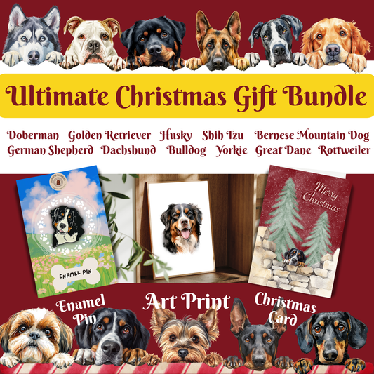 Christmas Dog Lover Gift Set | Art Print, Enamel Pin & Card (Multiple Breeds)