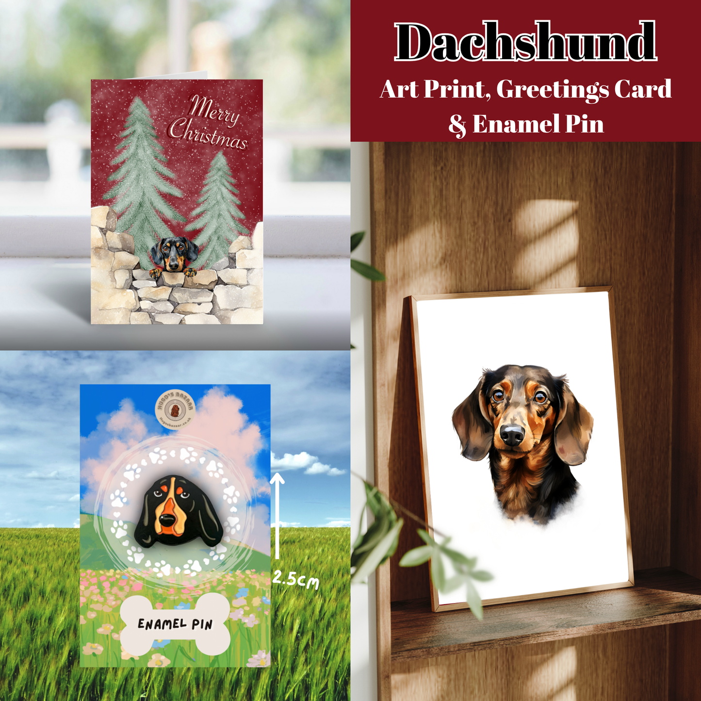 Christmas Dog Lover Gift Set | Art Print, Enamel Pin & Card (Multiple Breeds)