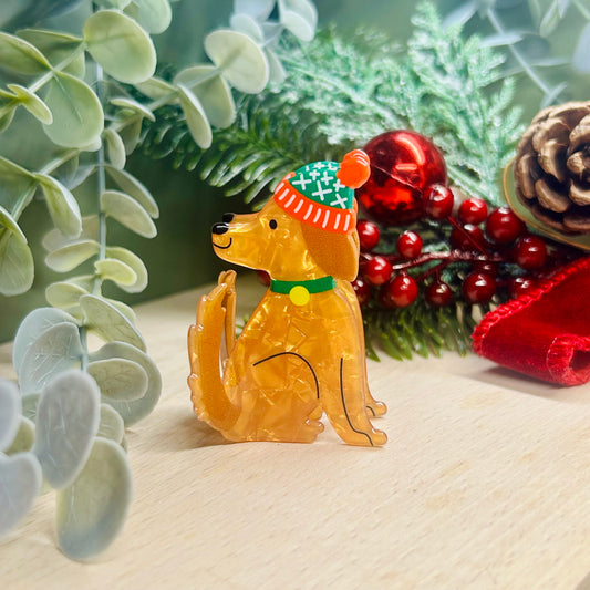 Hair Claw Hugo Jr Dog Design | Winter Accessory & Shelf Décor | Light Brown with Wooly Hat