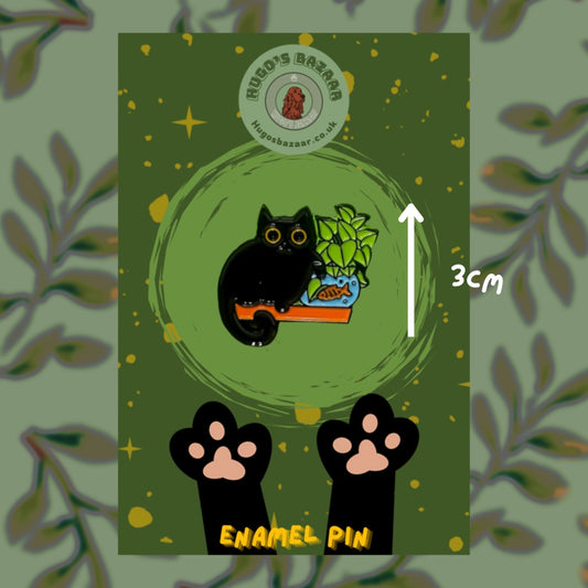 Graham The Fishbowl Tactician - Black Botanical Cat Pin