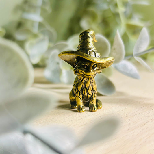 Brass Cat with Witch Hat Ornament | Mini Brass Cat Figurine