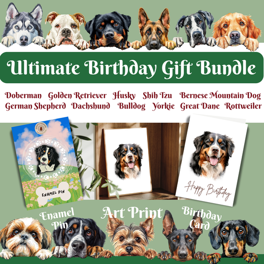 Ultimate Dog Lover Birthday Gift Set | Art Print, Pin & Card Bundle