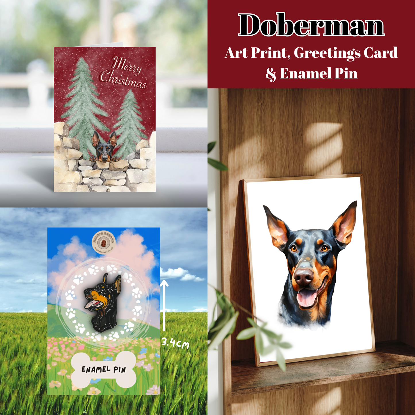 Christmas Dog Lover Gift Set | Art Print, Enamel Pin & Card (Multiple Breeds)
