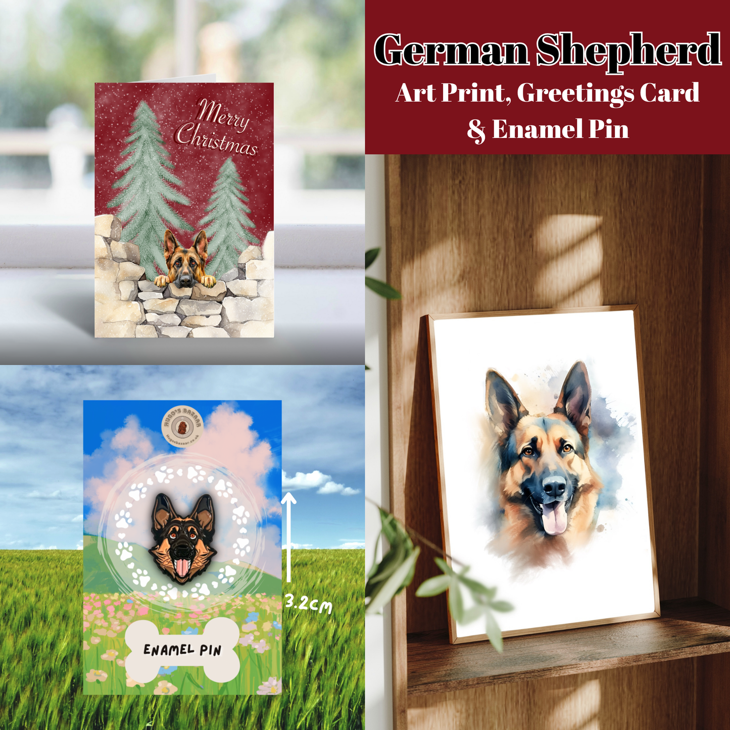 Christmas Dog Lover Gift Set | Art Print, Enamel Pin & Card (Multiple Breeds)