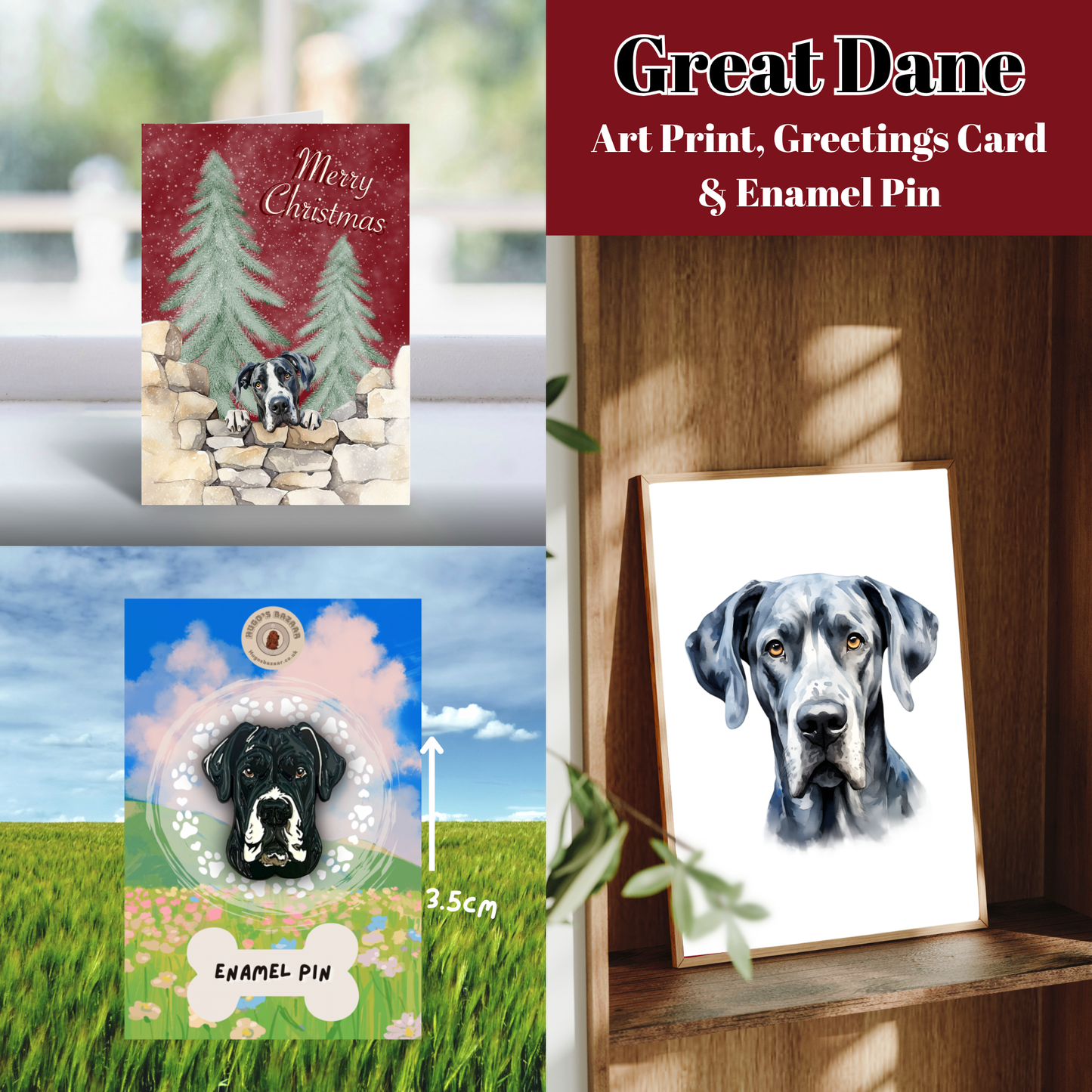 Christmas Dog Lover Gift Set | Art Print, Enamel Pin & Card (Multiple Breeds)