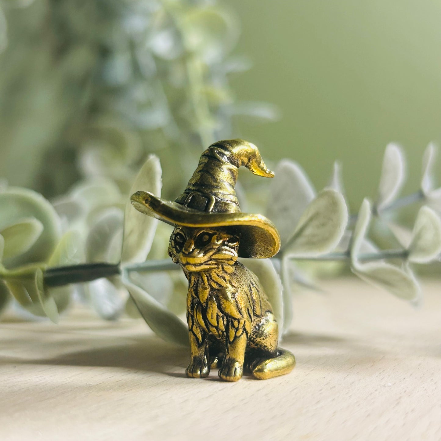Brass Cat with Witch Hat Ornament | Mini Brass Cat Figurine