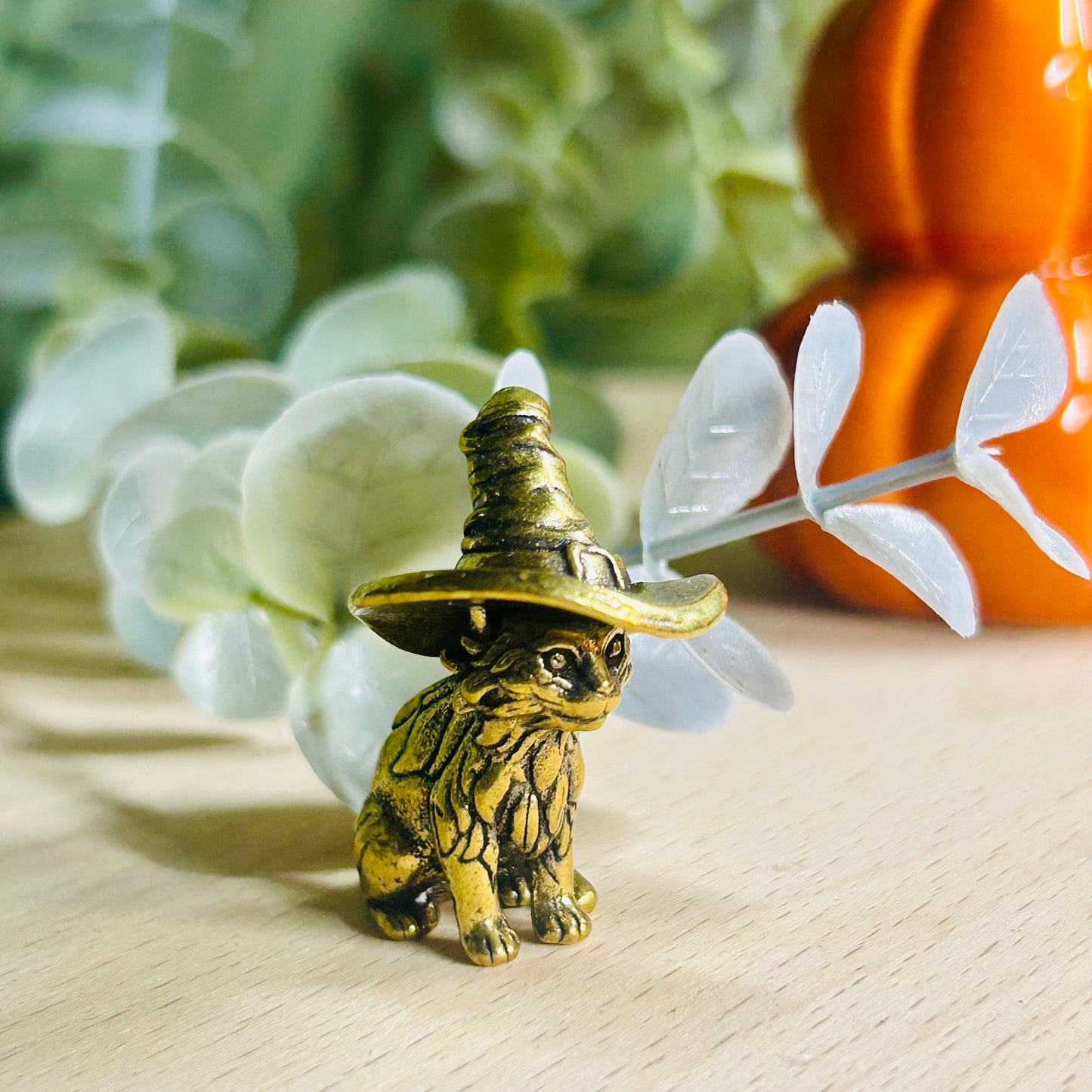 Brass Cat with Witch Hat Ornament | Mini Brass Cat Figurine