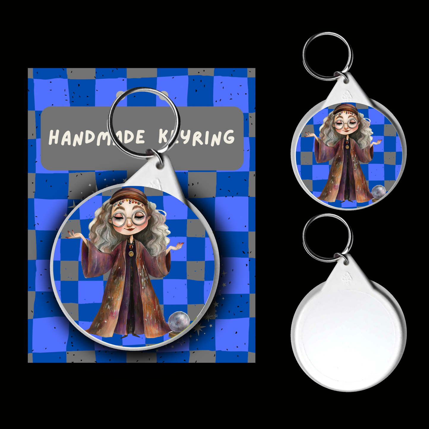 Wit & Wisdom Character Keyrings – Watercolour Fantasy Collection (Blue & Silver Theme)