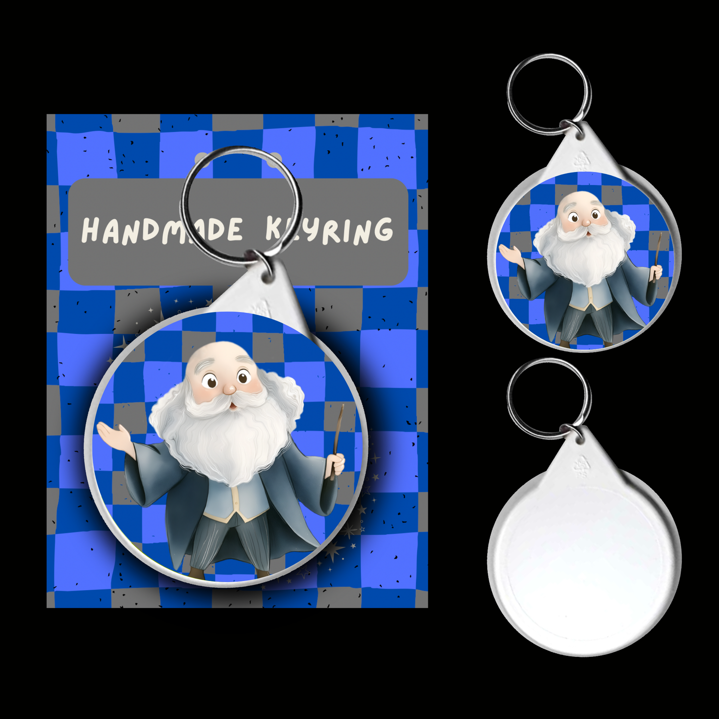 Wit & Wisdom Character Keyrings – Watercolour Fantasy Collection (Blue & Silver Theme)